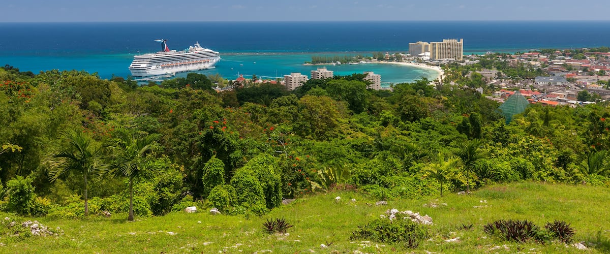A cruise ship near a coastal town with a clear view of the ocean and lush greenery.