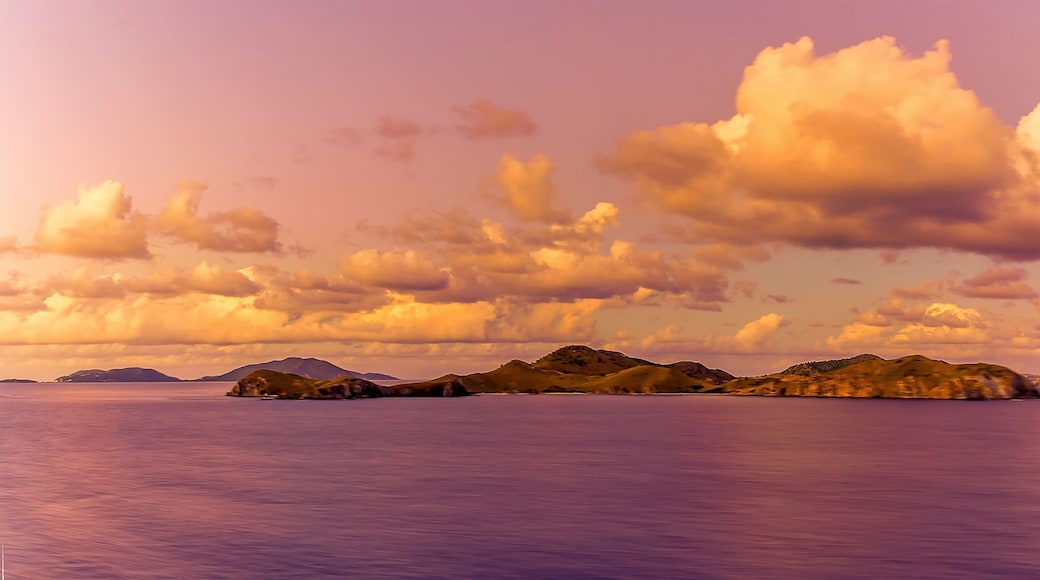 A view of the British Virgin Islands illuminated by the setting sun in Tortola
