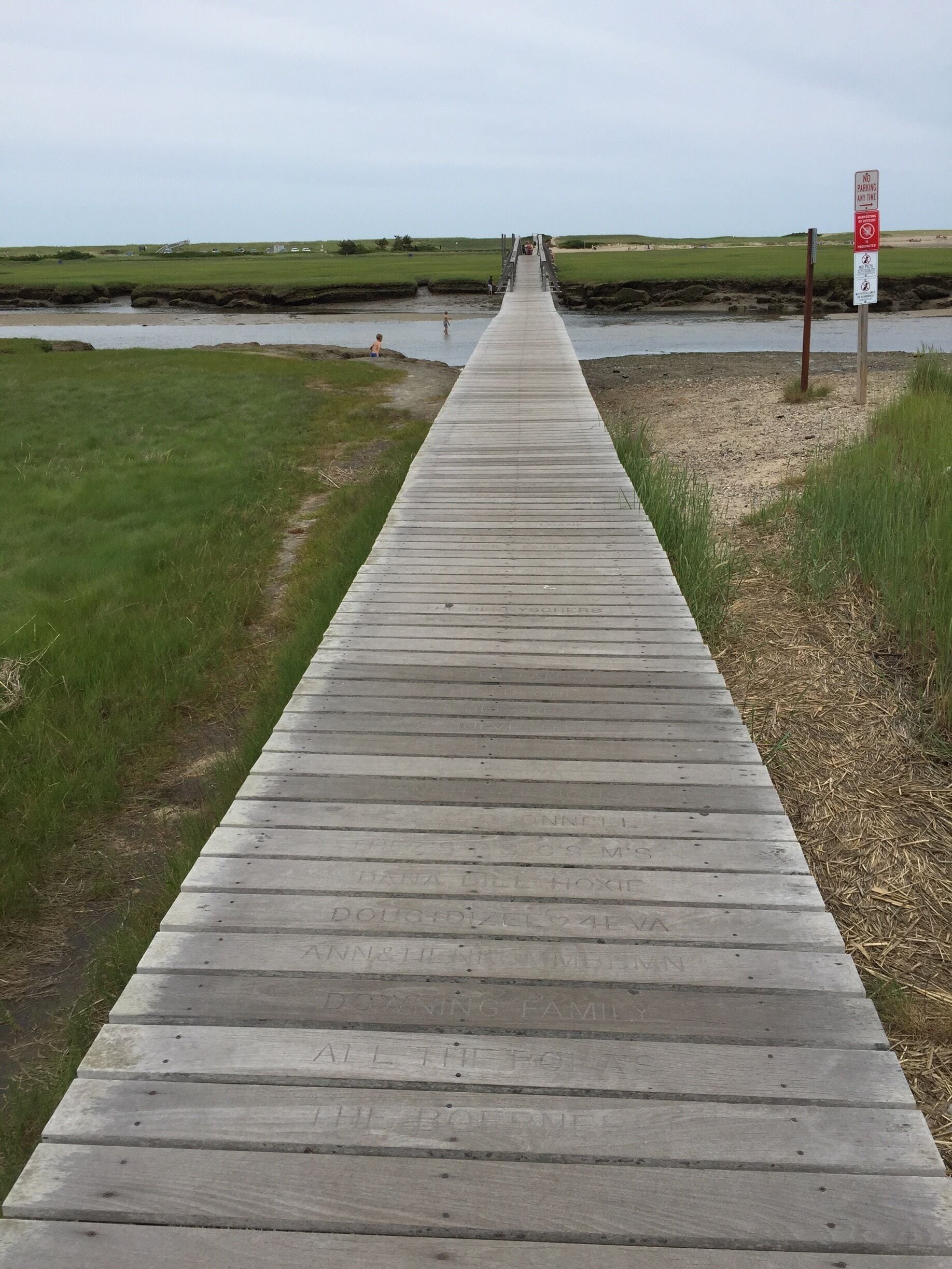 A wooden boardwalk leading to a grassy area with a body of water and a no parking sign.