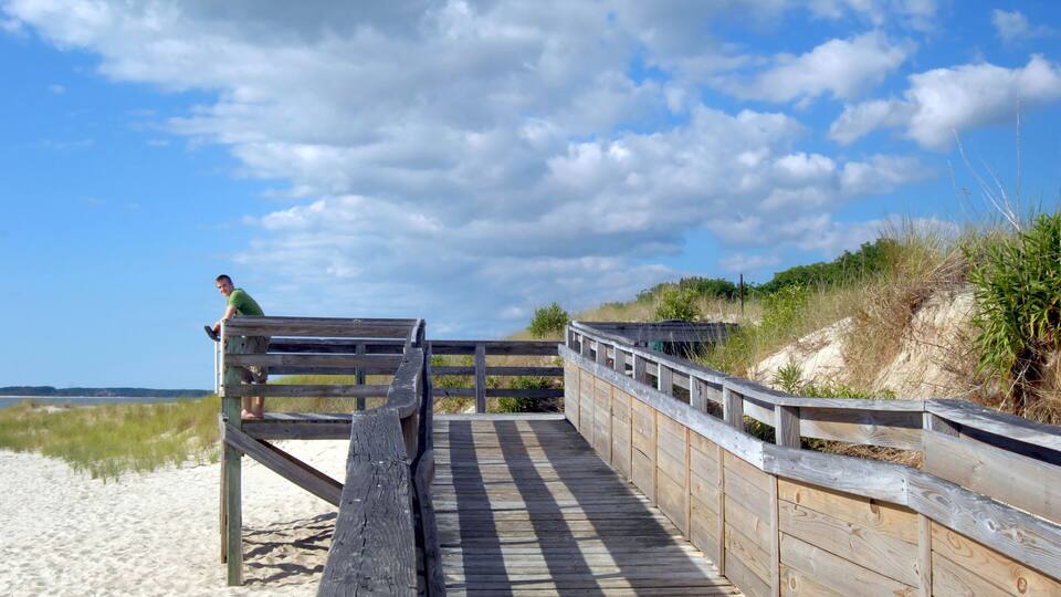 A wooden boardwalk leading to a beach with a person standing at the end.