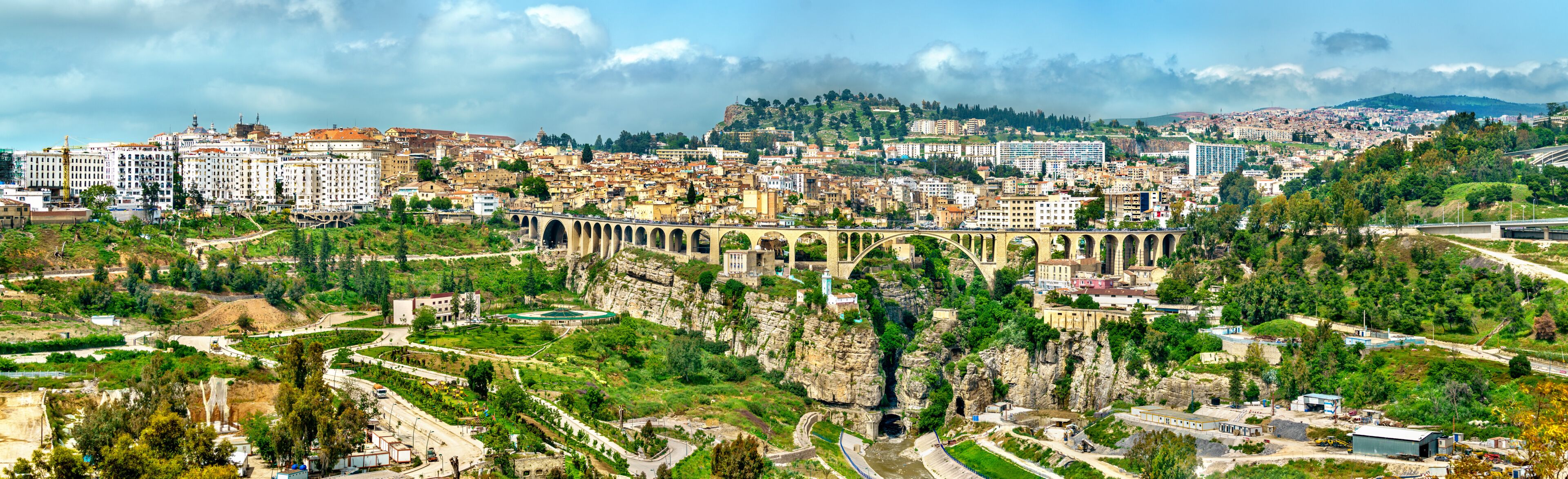 A cityscape with a prominent bridge, dense urban buildings, and surrounding greenery.