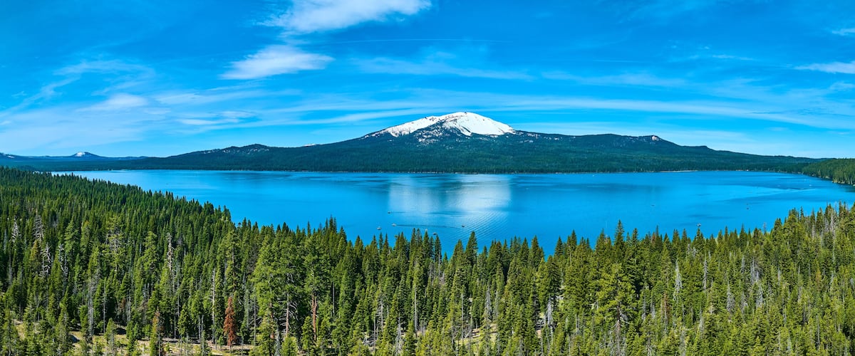 A snow-capped mountain, a large lake, and a dense forest.