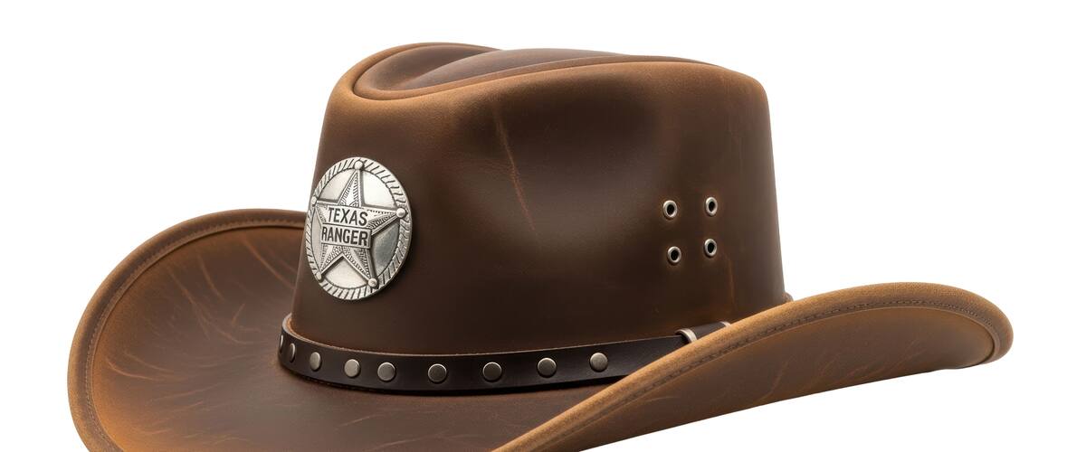 A brown cowboy hat with a Texas Ranger badge.