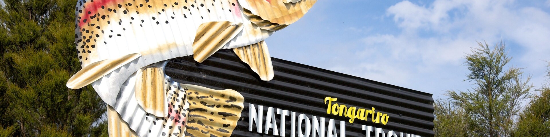 Una gran escultura de pez con un cartel que dice "Tongariro National Trout Centre".