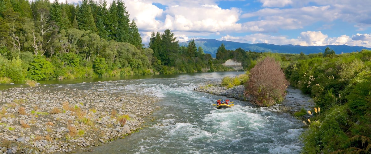 A river with rapids, surrounded by dense forest and mountains in the background.