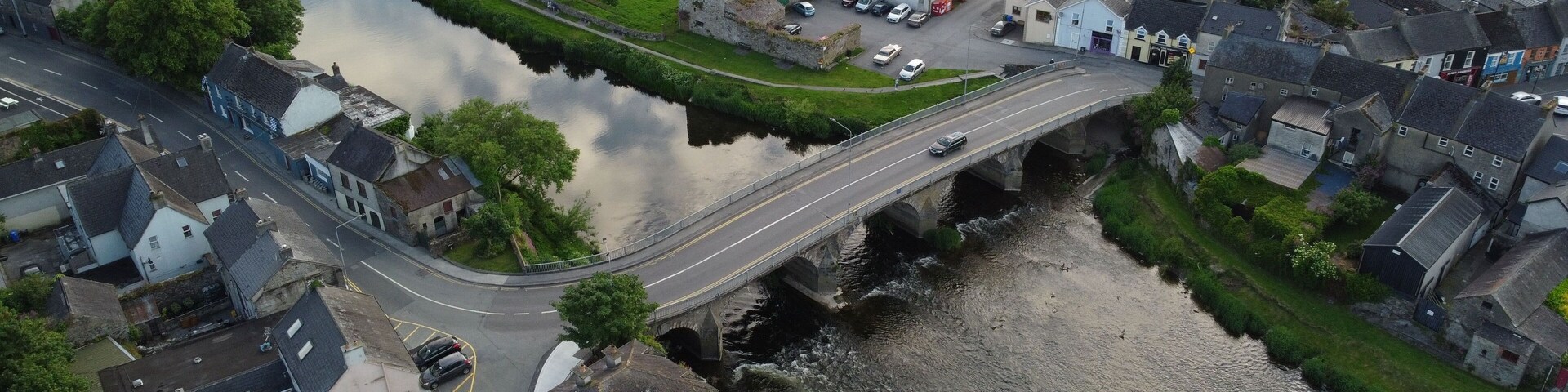 Aerial view of the Nore Bridge over the river in a beautiful Thomastown, County Kilkenny, Ireland