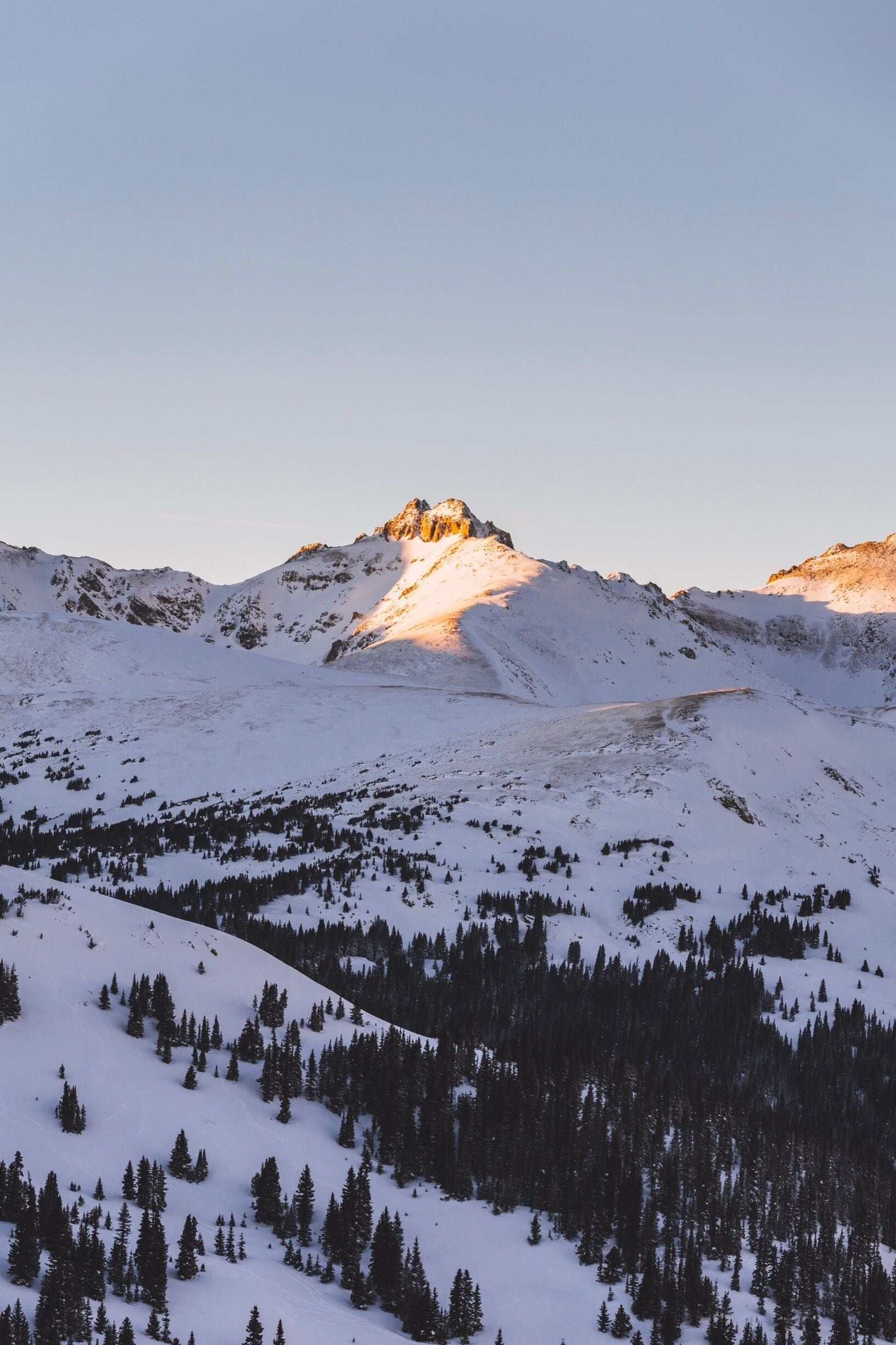 A snow-covered mountain range with a prominent peak and a forested valley.