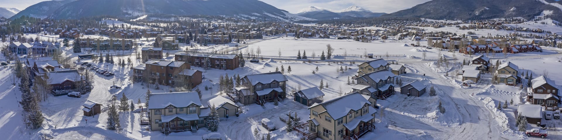 Dillon Colorado Aerial Panoramic View Fresh Snow During Winter Sunny Day