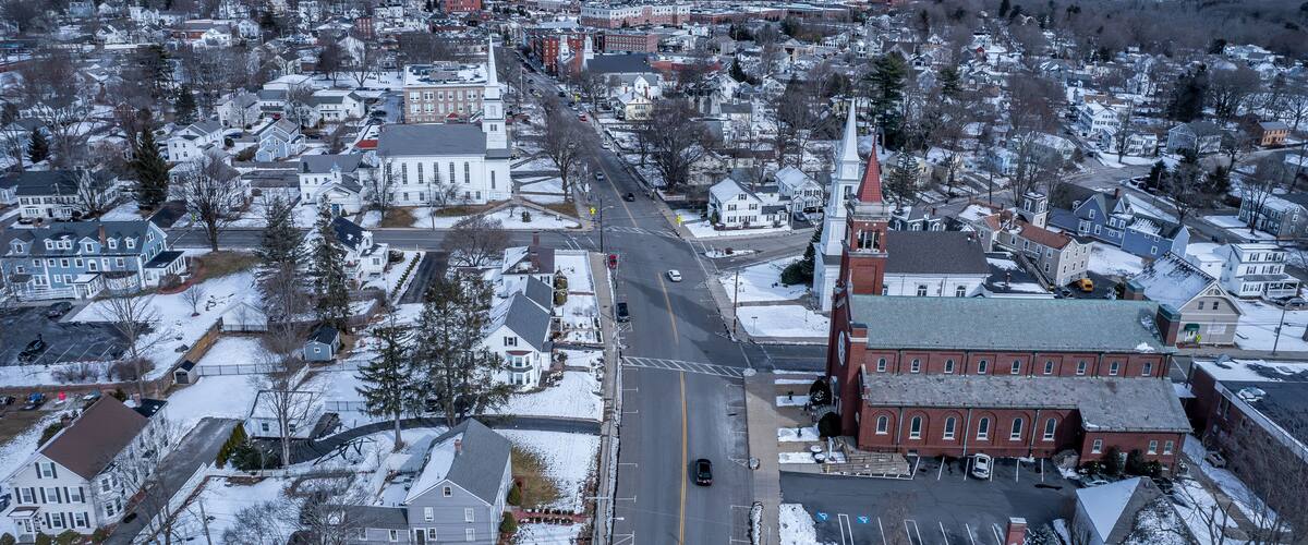 Aerial view of Westborough, Massachusetts in late winter
