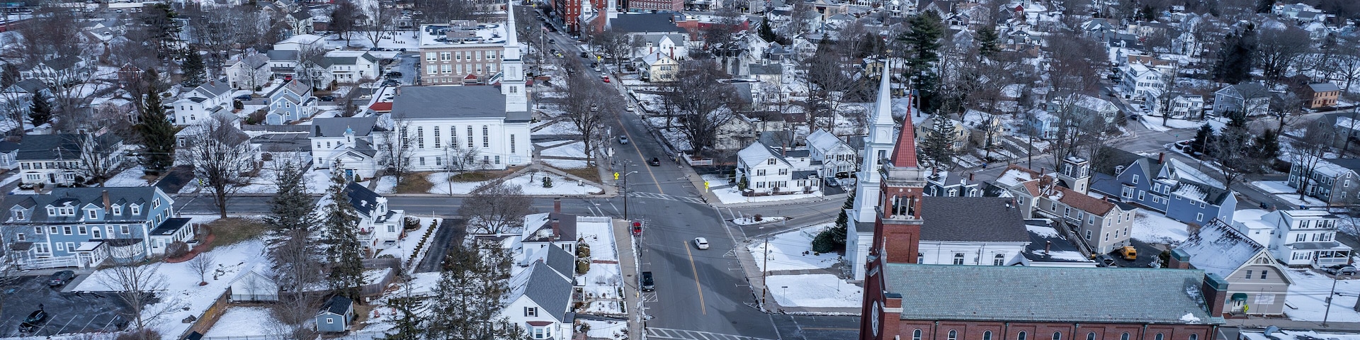 Aerial view of Westborough, Massachusetts in late winter