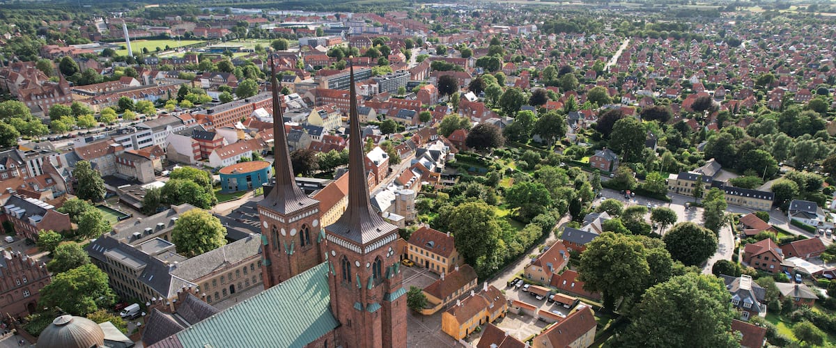 Aerial View of Roskilde Cathedral, a UNESCO World Heritage Site in Denmark.