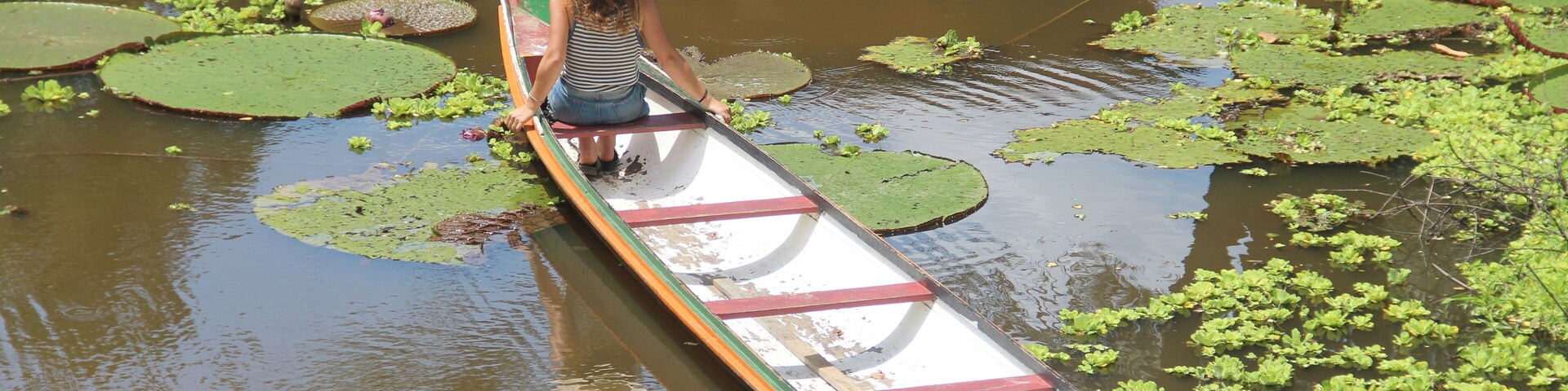A person in a canoe on a water body with lily pads.