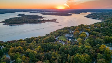 Atardecer sobre un río con islas, rodeado de un bosque denso y zonas residenciales.