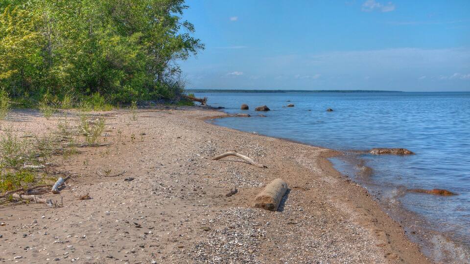 A pebbly beach with scattered driftwood and a calm sea under a clear sky.
