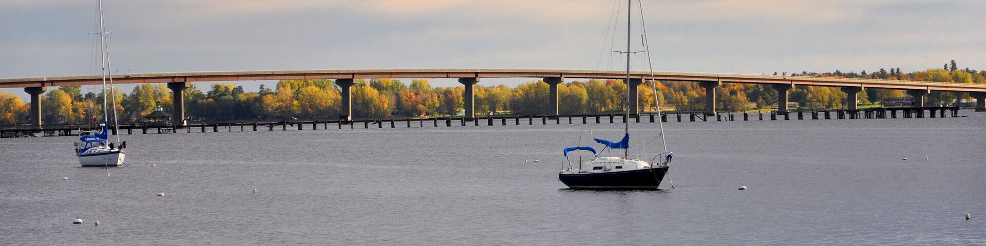 Rouses Point Bridge at the north end of Lake Champlain on the border of USA and Canada in Rouses Point, Upstate New York, USA.