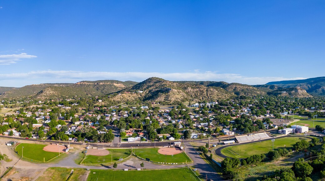 Aerial drone panorama town of Raton New Mexico USA circa 2023