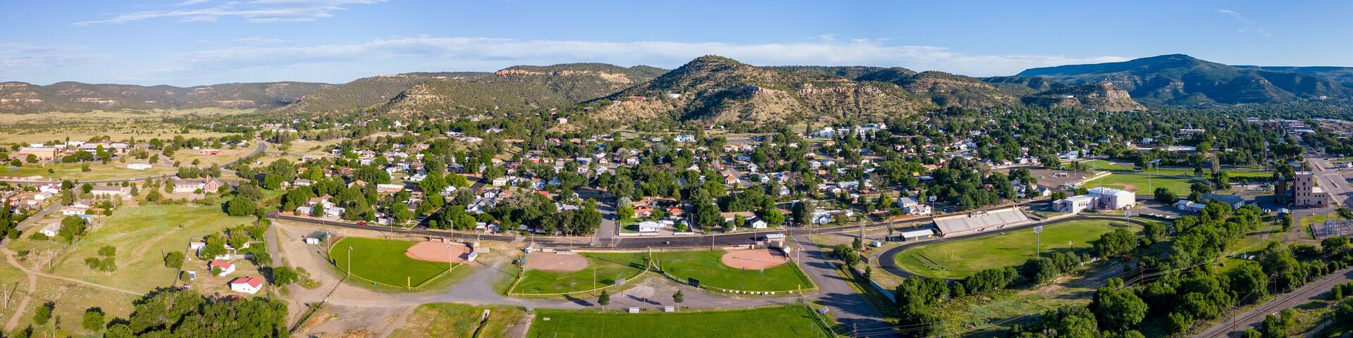 Aerial drone panorama town of Raton New Mexico USA circa 2023