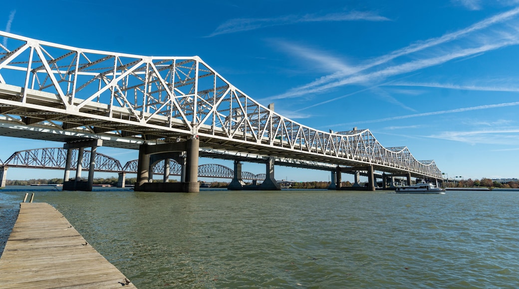 Louisville, KY and the Abraham Lincoln and John F. Kennedy Bridges over the Ohio River as seen from the Clarksville/Jefferson, IN Area
