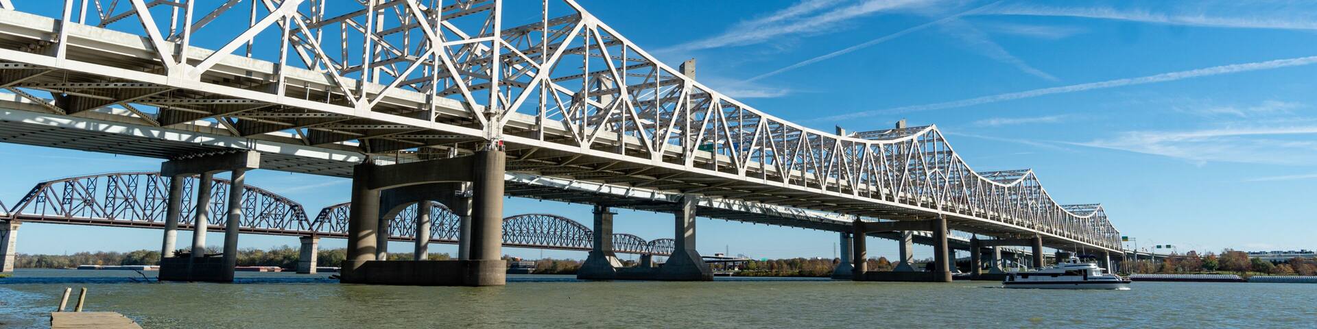 Louisville, KY and the Abraham Lincoln and John F. Kennedy Bridges over the Ohio River as seen from the Clarksville/Jefferson, IN Area
