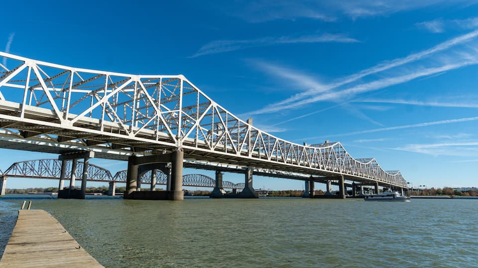 Louisville, KY and the Abraham Lincoln and John F. Kennedy Bridges over the Ohio River as seen from the Clarksville/Jefferson, IN Area