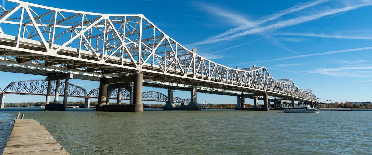 Louisville, KY and the Abraham Lincoln and John F. Kennedy Bridges over the Ohio River as seen from the Clarksville/Jefferson, IN Area