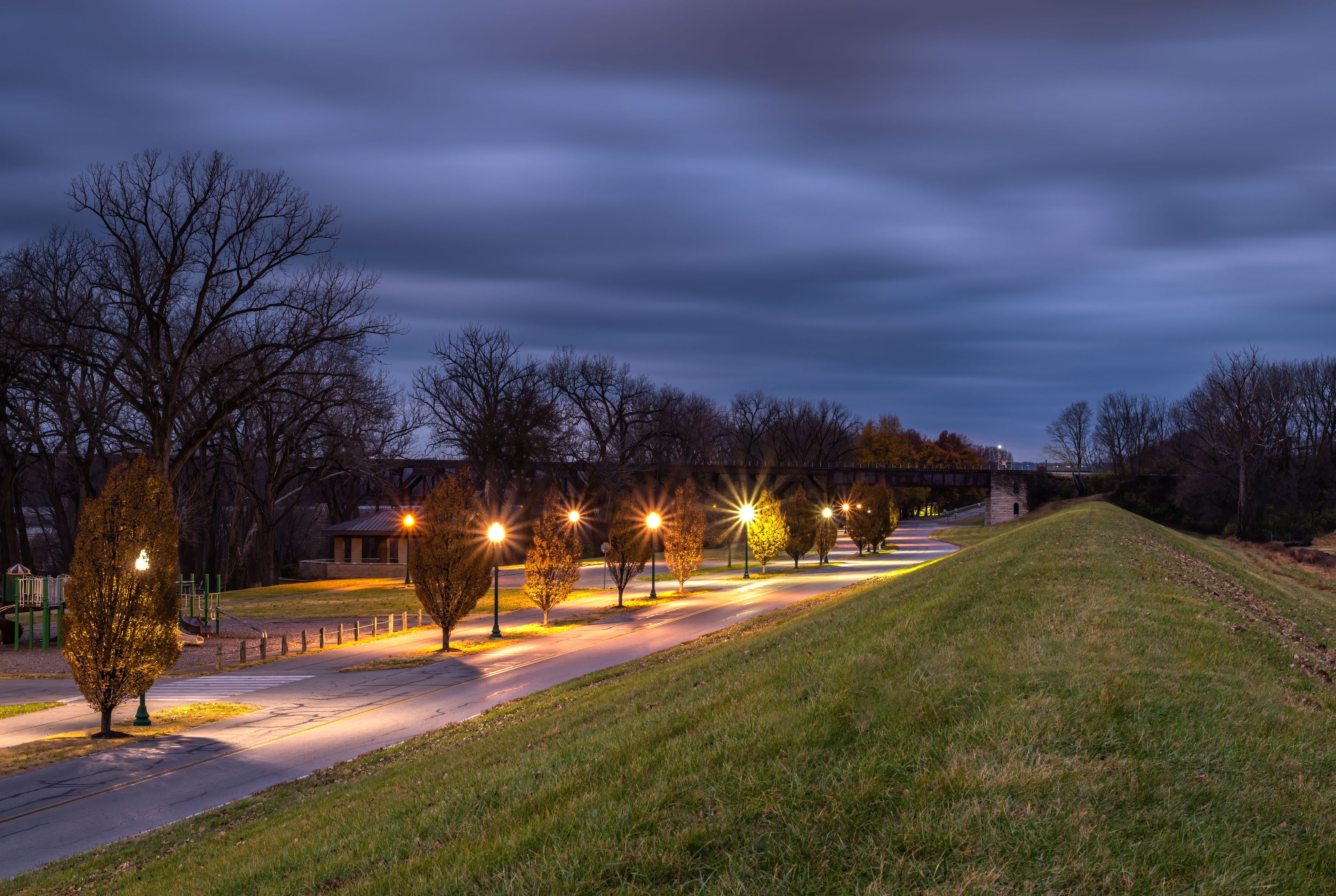 A nighttime street scene with streetlights, a grassy hill, and leafless trees.