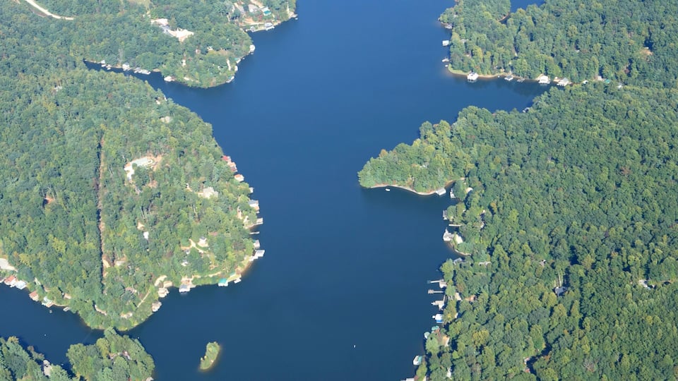 A large lake surrounded by dense forest, with a bridge crossing the water.