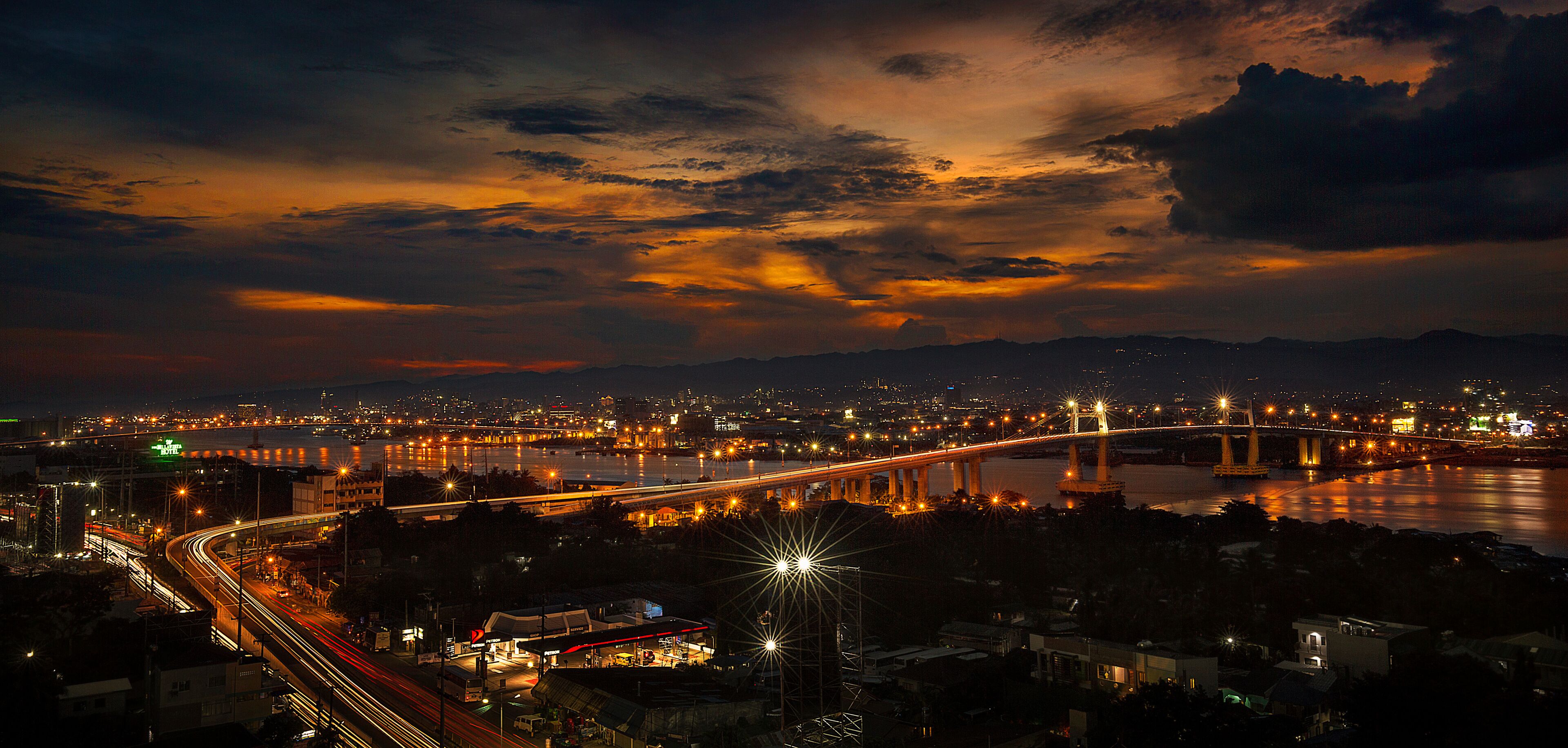 Mactan Bridge at Night with car light trails