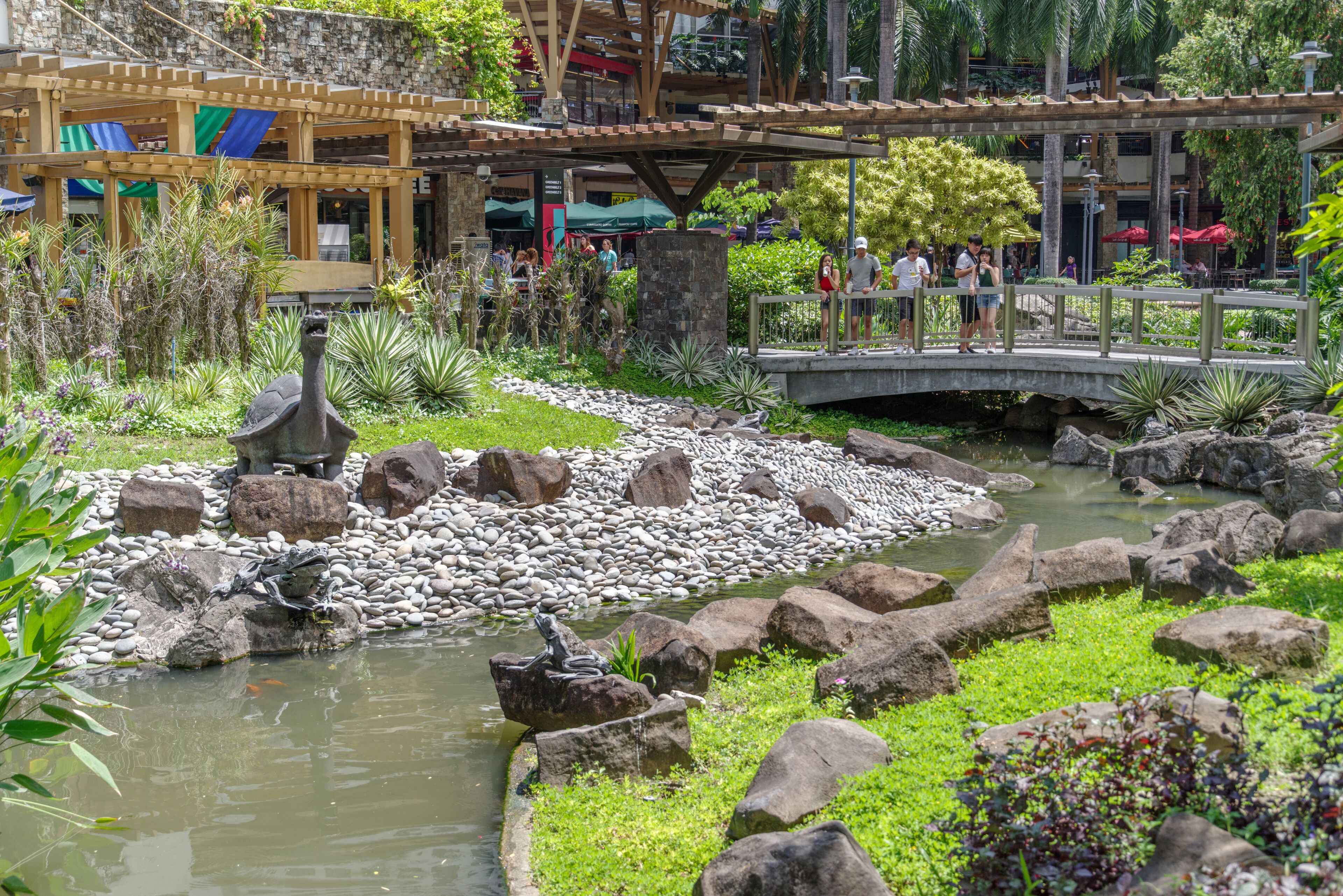 Un jardín ajardinado con un estanque, rocas y un puente.