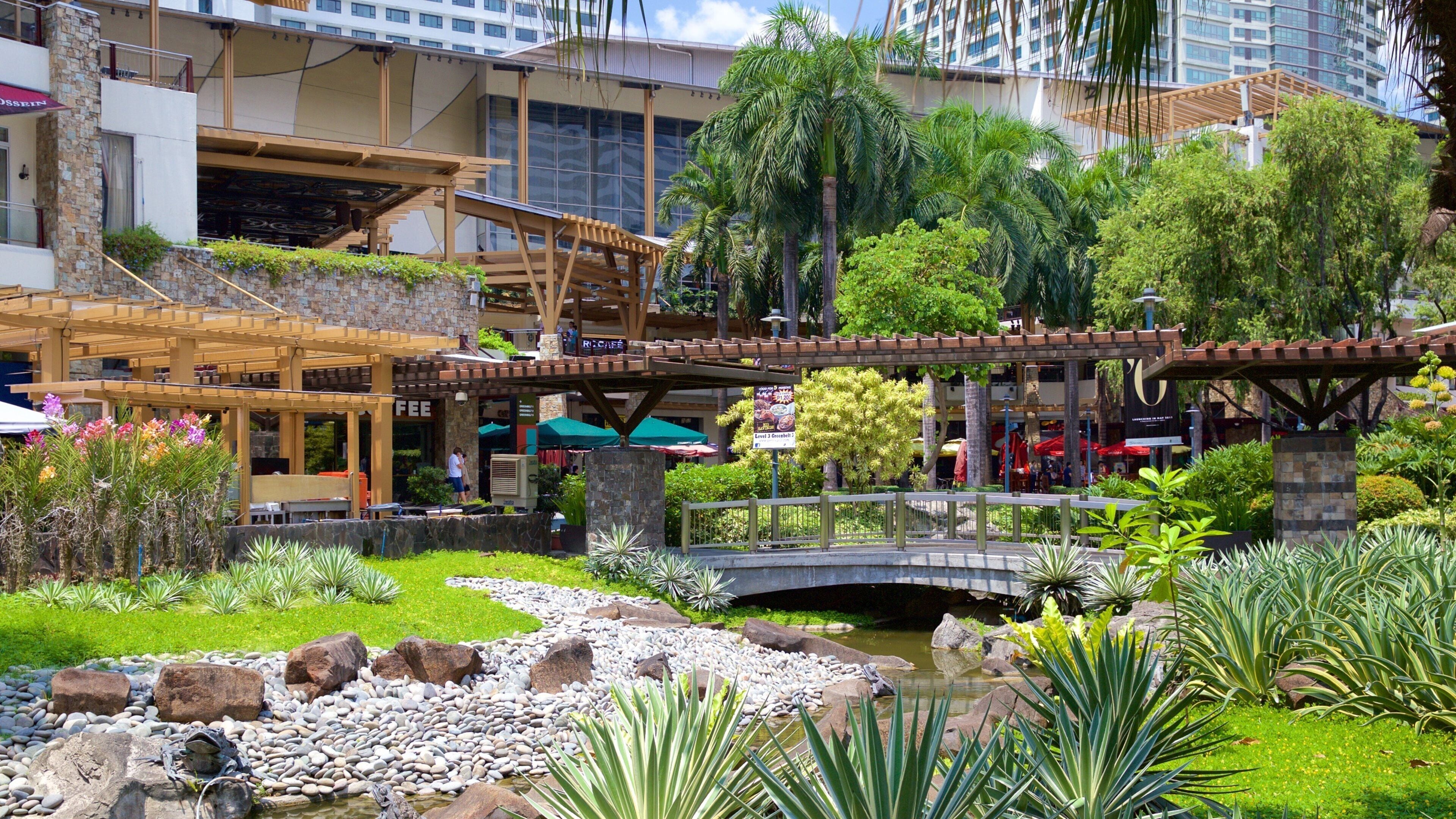 A garden with a pond, rocks, and a wooden bridge.