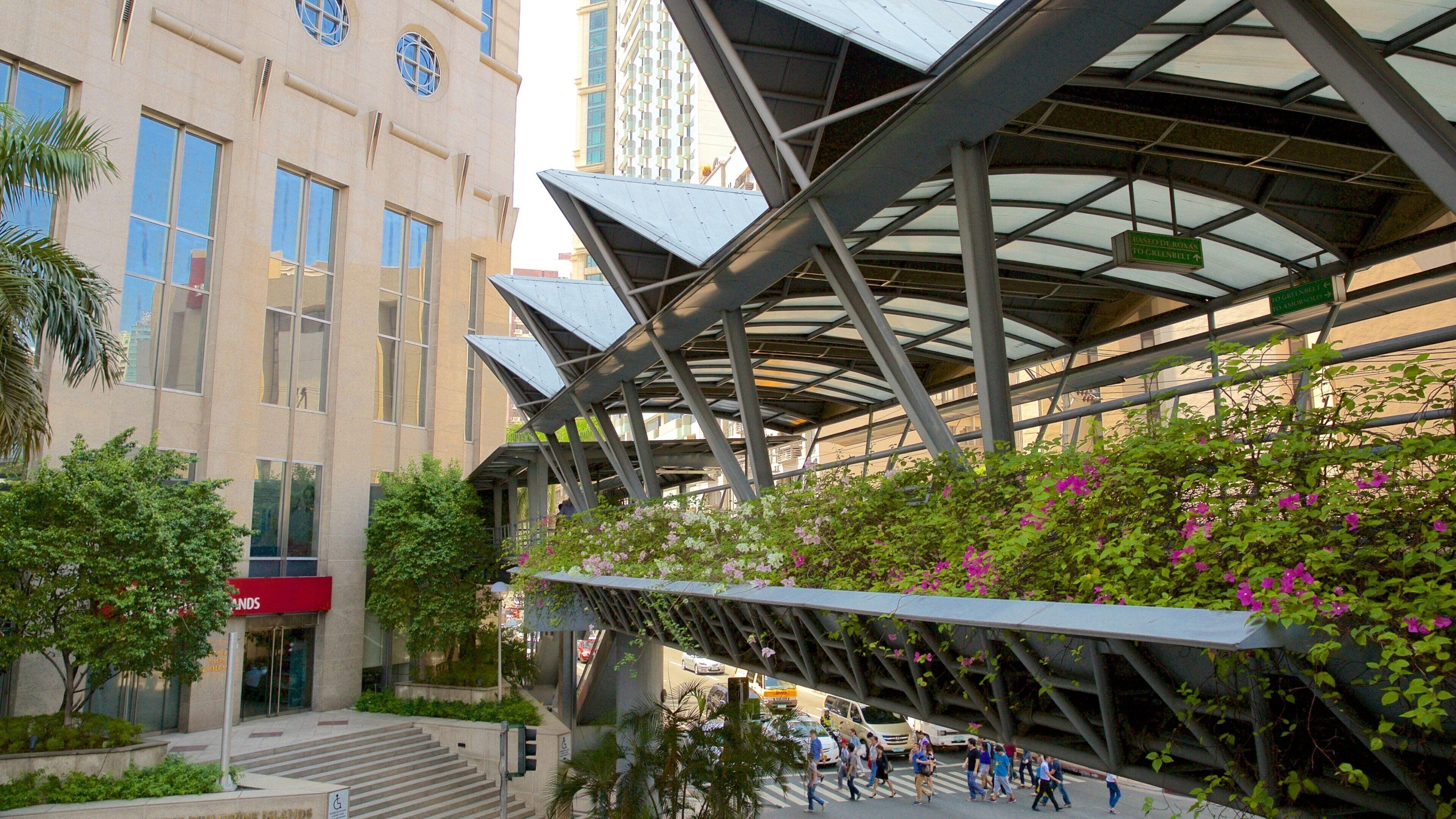 Makati which includes modern architecture, a bridge and a park