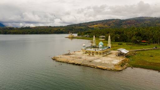 Top view of Mosque on the shore of lake Lanao. Mindanao, Lanao del Sur, Philippines.