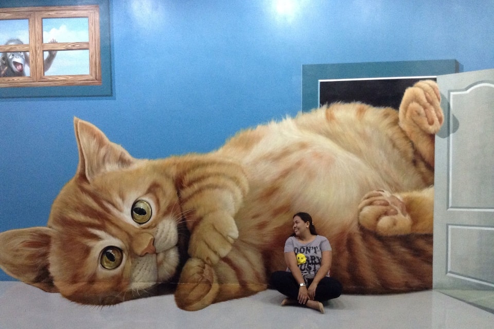 A large cat lying on the floor with a person sitting beside it.