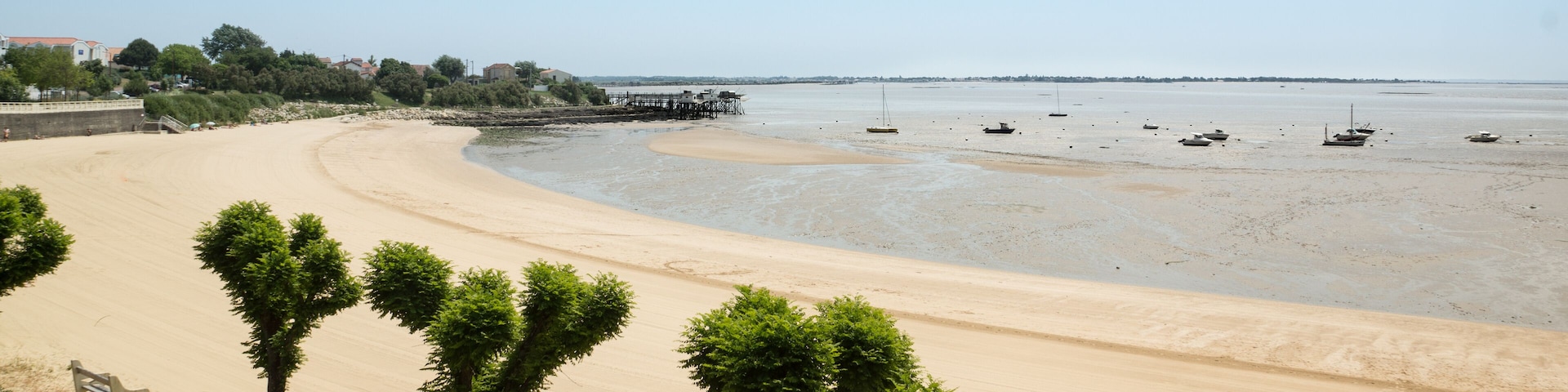A sandy beach with a few boats, a pier, and some trees.