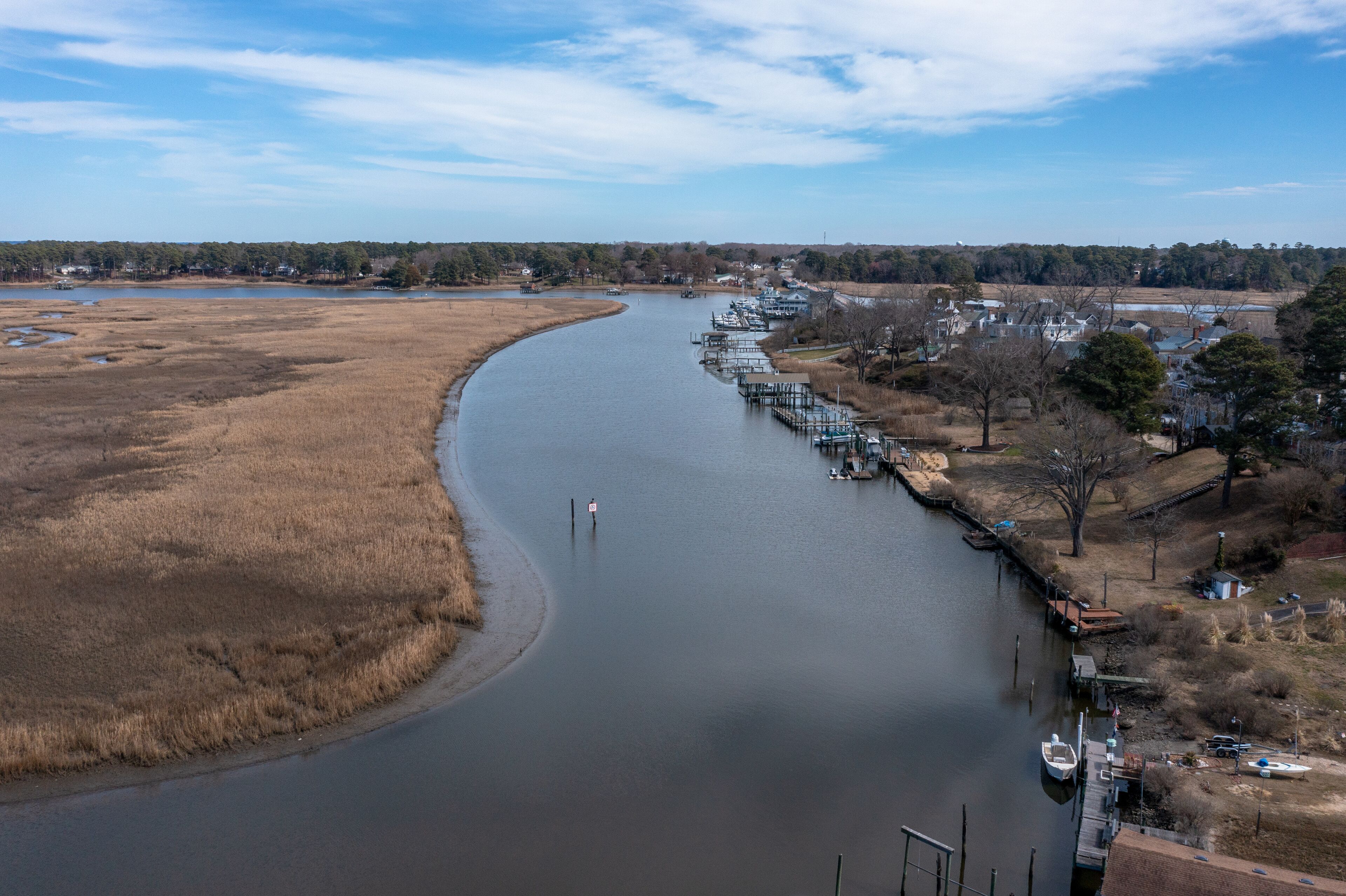 Aerial View of the Pagan River With Boats and Docks in Smithfield Virginia