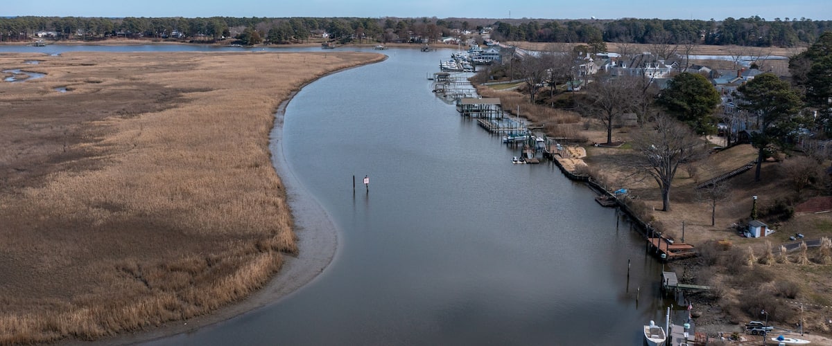 Aerial View of the Pagan River With Boats and Docks in Smithfield Virginia