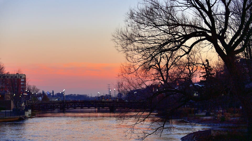 A river with a bridge, a leafless tree, and buildings in the background during sunset.