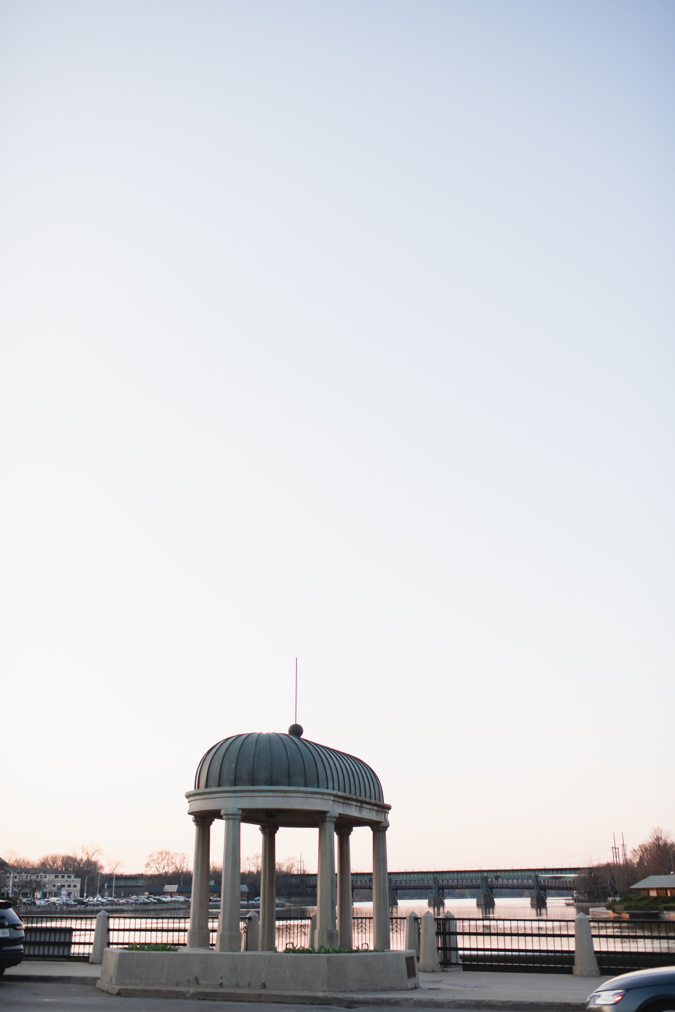 Gazebo by riverfront in downtown Saint Charles, Illinois with copy space 
