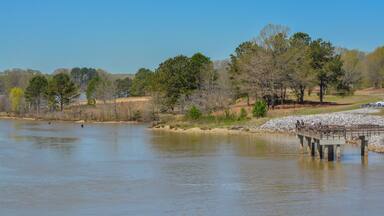 The fishing pier at John W Kyle State Park on the Sardis Reservoir in Sardis, Panola County, Mississippi