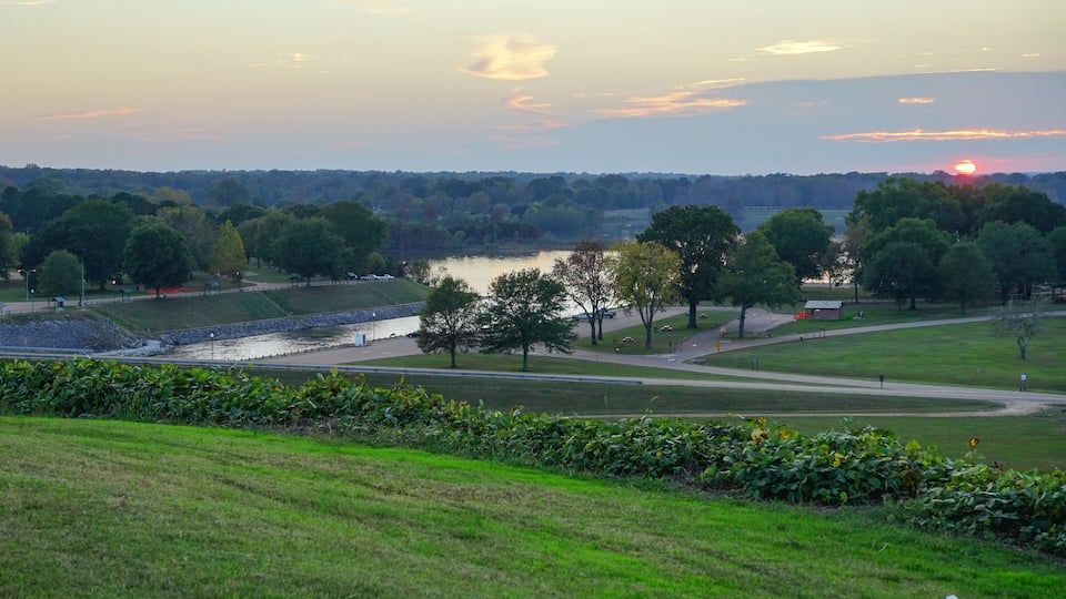 A park with a lake, trees, and a sunset.