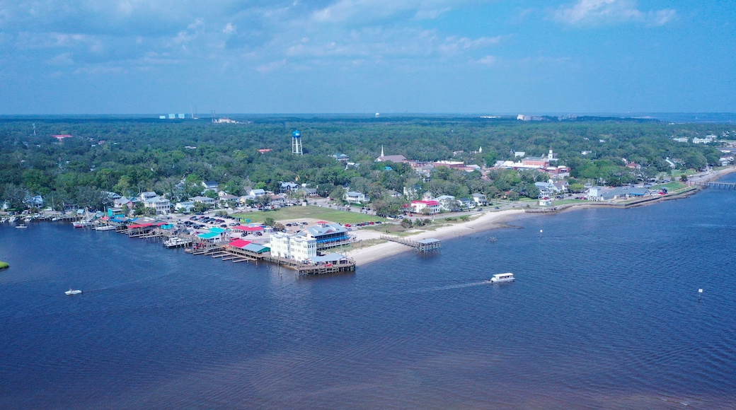 Looking at the restaurants along Southports NC shore line. Lots of boats on the water.