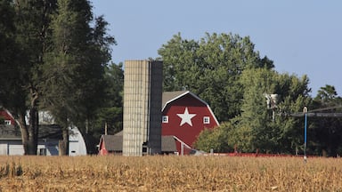 red barn in the countryside with blue sky and a white star on the barn. South of Sterling Kansas USA out in the country.