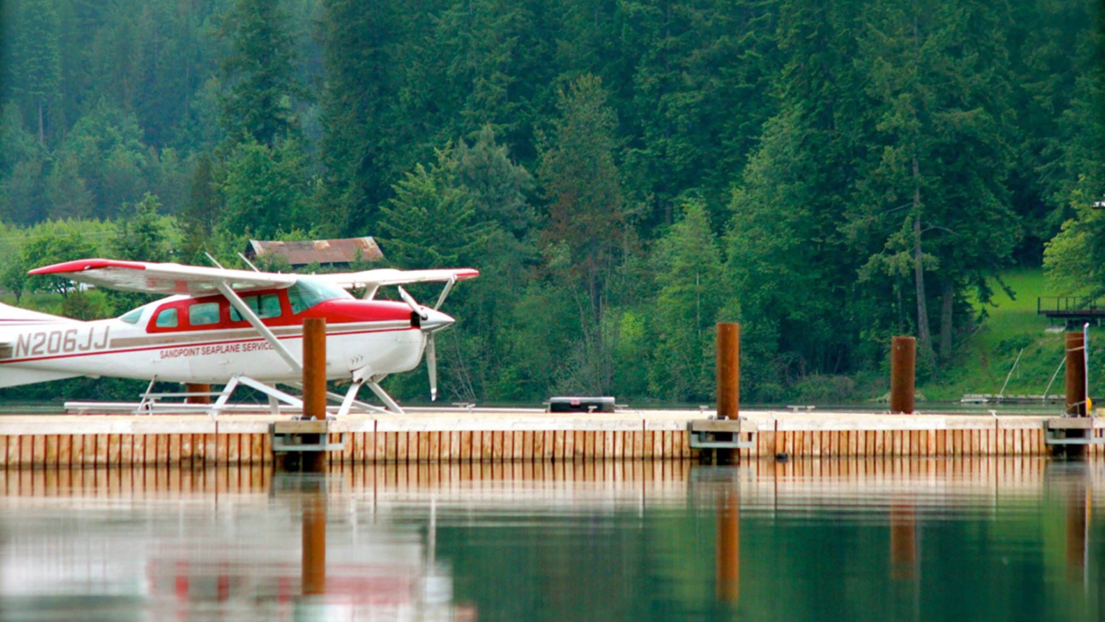 Sandpoint mostrando aeronave, florestas e um lago ou charco