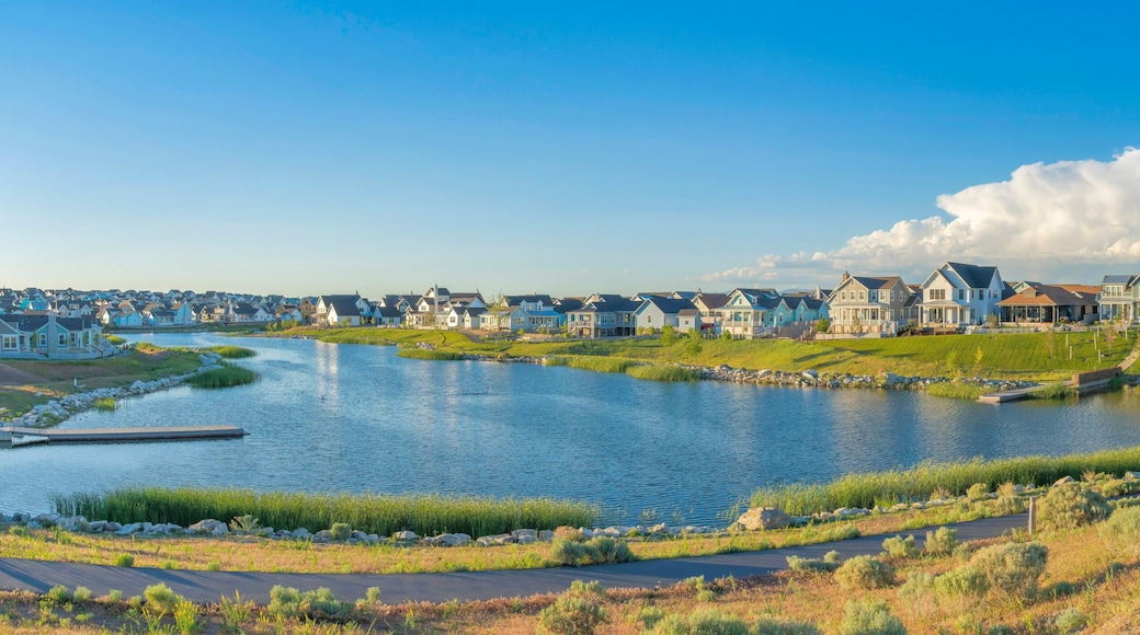 Residential houses surrounding the Oquirrh Lake at Daybreak, South Jordan, Utah