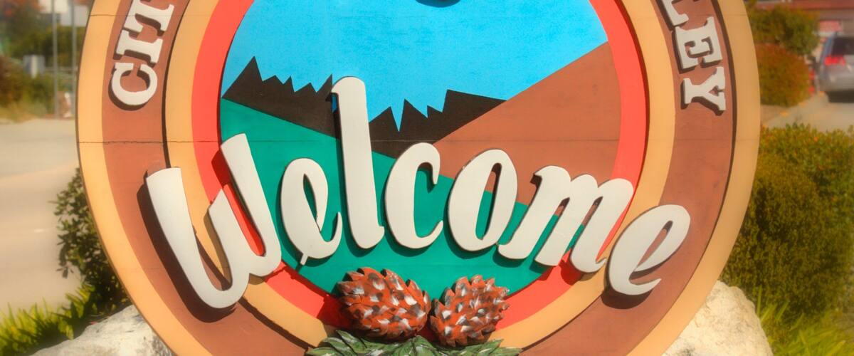 Bay Area showing signage and a small town or village