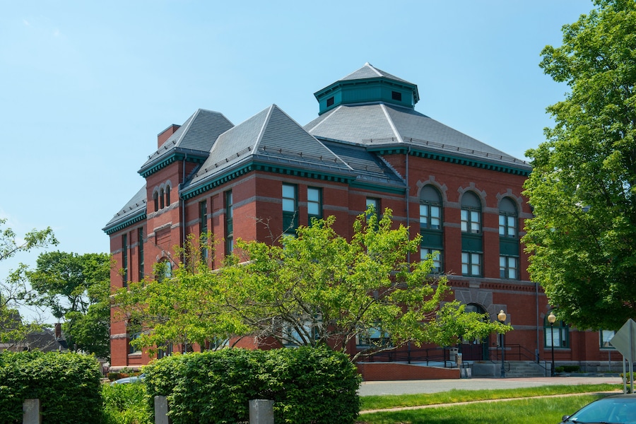 Stoughton town hall at Washington Street at the town center of Stoughton, Massachusetts, USA.