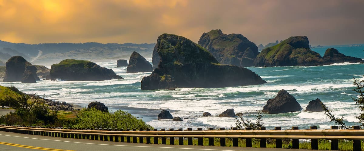 panorama of US Highway 101 and ocean sea stacks near the town of Gold Beach on the Oregon coast