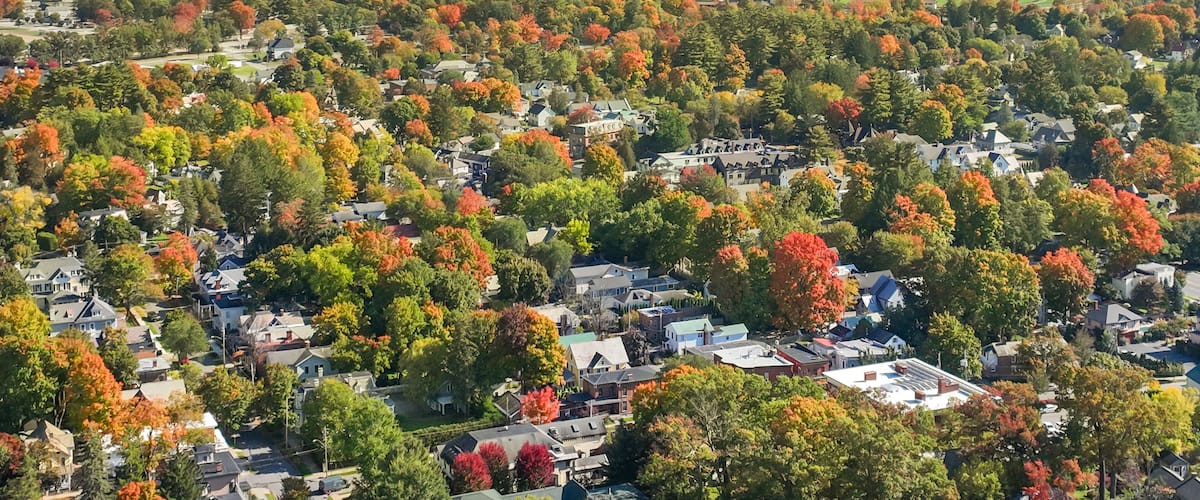 A residential area with autumn-colored trees and houses.