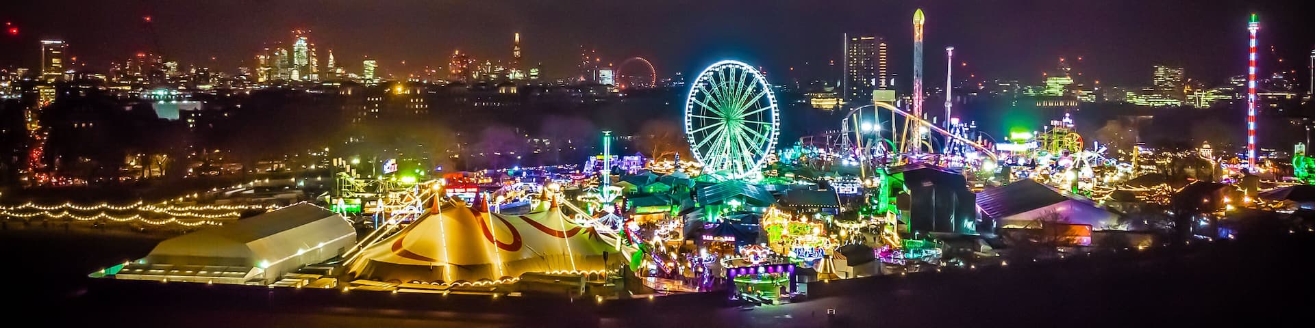 Aerial view of Christmas funfair in Hyde park, London