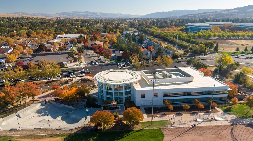 Aerial view of San Ramon City Hall, San Ramon, California, USA during autumn. The photo captures the colorful foliage, a modern building, and a baseball field.
